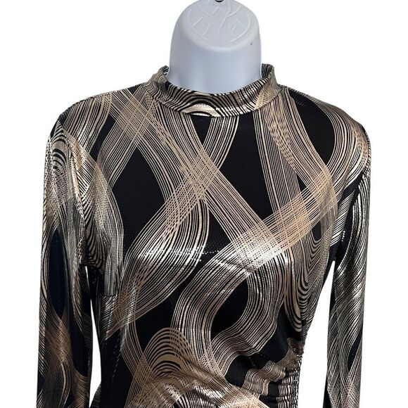 K TOO Vintage Metallic Black Gold Print Long sleeves Dress - Size L - Picture 2 of 10